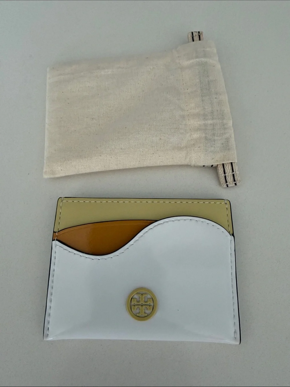 Tory Burch White, Yellow & Tan Leather Cardholder with Logo